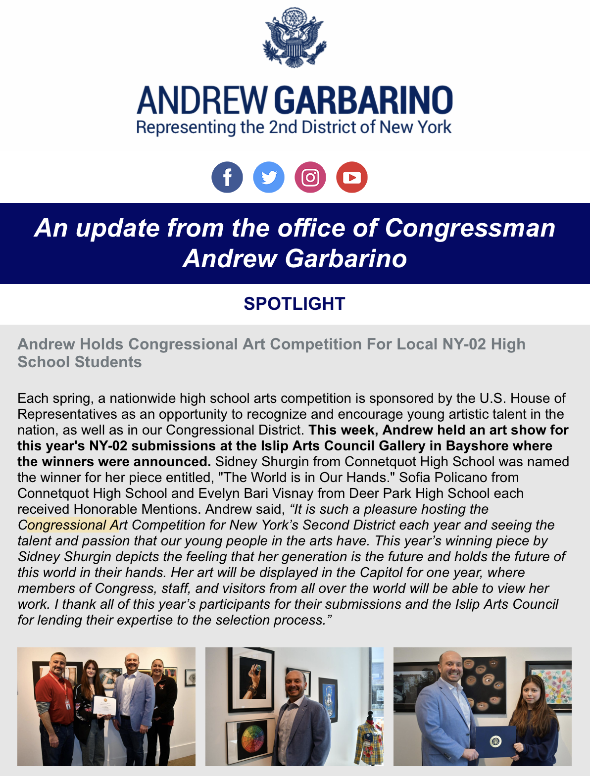 APR 2024 / Congressional Art Competition Featured in Congressman Garbarino's Newsletter